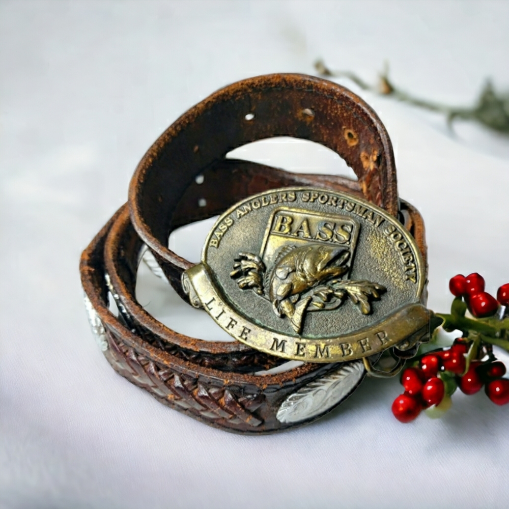 Bass Anglers Sportsman Statement Vintage Belt Life Member Tooled Conch Buc… - Picture 4 of 11